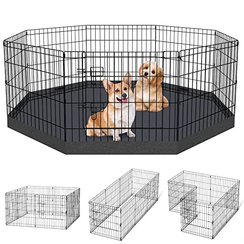 Puppy Pet Playpen 8 Panel 24 Inch Indoor Outdoor Metal Portable Folding Animal Exercise Dog Fence Ideal for Pet Animals Dog Cat Rabbit Breed Puppy with Bottom Pad (Black with Bottom pad) - style: 24'' x 24'' with Bottom cover