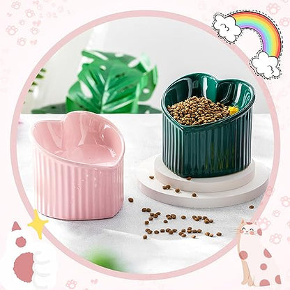 Mumufy 2 Pcs Ceramic Elevated Cat Bowls Tilted Elevated Raised Pet Bowls Anti Vomit Cat Dish for Indoor Stress Free Water Dish Feeder for Puppies, Heart Shaped(Pink, Peacock Green) - color: Pink, Peacock Green