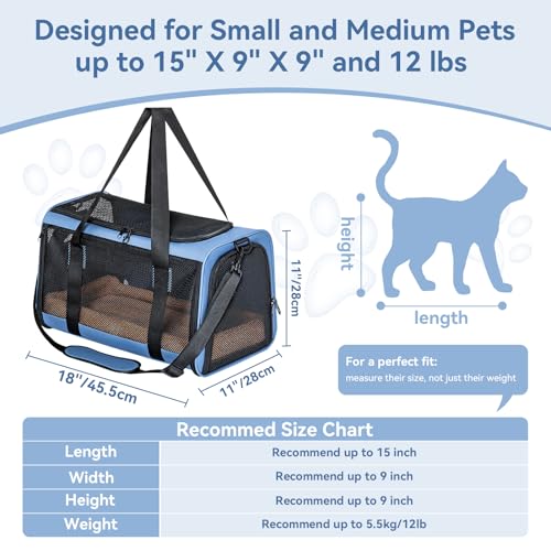 PETSFIT Soft-Sided Cat Carrier with Patented Safety Buckles, Lockable Zippers & Safety Tether,Escape-Resistant Travel Pet Carrier for Car Rides & Vet Visits, Airline Approved Under-Seat, Up to 12 lbs - color: Blue, size: Medium