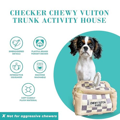 Haute Diggity Dog Chewy Vuiton Trunk Puzzle with 3 Plush Squeaky Dog Toys, Soft Durable Designer-Inspired Stuffed Puppy Chew Toys for Small & Medium Dogs, Machine-Washable (Tan Checker) One Size - color: Brown Trunk, size: One Size
