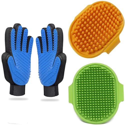 3PCS Pet Grooming Kit: Shampoo Massage Gloves, Hair Fur Remover for Bathing, Shedding Brush for Short & Long Fur - color: Orange