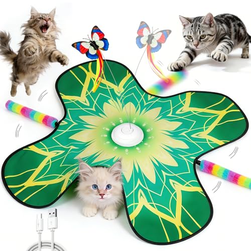 Hide and Seek Cat Toy Mat, 3-in-1 Interactive Cat Toys for Indoor Cats with Fluttering Butterfly & Moving Concealed Feathers, 3 Prey Sounds, Rechargeable Auto Play Mat for Bored Adult Cats & Kittens - color: Green