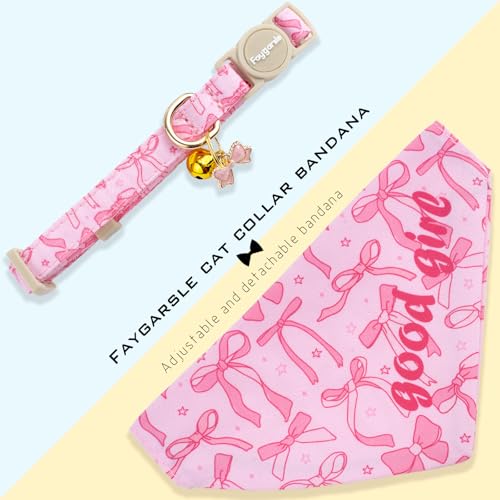 Faygarsle 2 Pack Pink Bow Pattern Cat Collar Set with Bandana and Bowtie, Breakaway Safety Collar with Bell Spring Summer Design for Girl Cats - color: Pink Bow