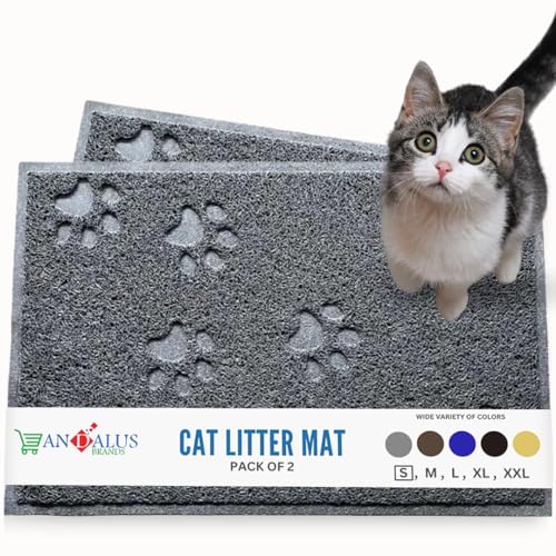 Andalus Small Cat Litter Mat, Pack of 2 - Waterproof, Non-Slip & Easy to Clean Cat Litter Box Mat for Extra Efficient Pet Litter-Trapping, Grey (15.75” X 11.75”) - color: Grey