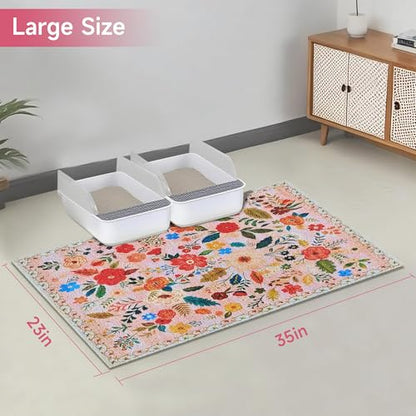 Cat Litter Mat, 35" x 23" Litter Box mat, Upgrade Non-Slip Kitty Litter mat, Traps 100% Litter, Soft on Kitty Paws, Easy Clean for Scatter Control, Bohe cat Food mat, Urine Waterproof - color: Pink Garden, size: Large（35"x23"）
