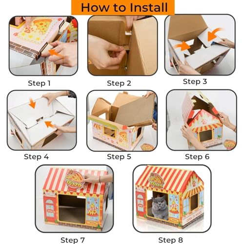 Tlence 2 Pack Cardboard Cat Houses with Scratcher, 16.5''x12.25''x15'' Cat Hideaway Playhouse, Kitty Scratching Beds for Indoor Cats, Pizza Shop Cat Furniture Condo Cave Tent for Bunny Small Animals