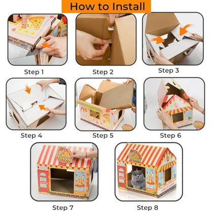 Tlence 2 Pack Cardboard Cat Houses with Scratcher, 16.5''x12.25''x15'' Cat Hideaway Playhouse, Kitty Scratching Beds for Indoor Cats, Pizza Shop Cat Furniture Condo Cave Tent for Bunny Small Animals