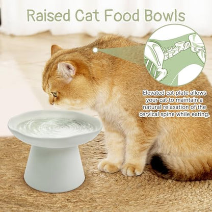 VCEPJH Raised Cat Food Bowls Shallow Cat Plate Ceramic Elevated Cats Dish 6.1in Flat Anti Whisker Fatigue Wide Pet Food & Water Feeder for Indoor Kitty Kitten (White) - color: white
