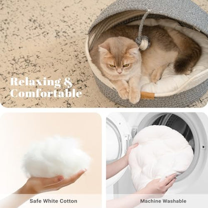 Cat Basket Bed with Washable Cushion and Ball Rope Cotton, Covered Pet Bed for Indoor Cats Cave Bed Hooded, Stimulicat Cat Bed Handwoven Breathable, All Season Universal(Blue) - color: Blue