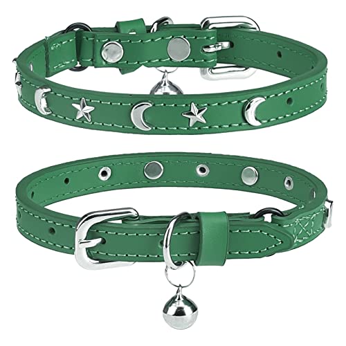 Leather Cat Collars for Boy Girl Cats with Bell and Safety Elastic Belt, Personalized Star and Moon Stud Adjustable Safe Buckle Collar for Kitty Small Big Cats Size 7-9 Inch, Green - color: Green_Star & Moon, size: 7"-9" For Cats(Pack of 1)