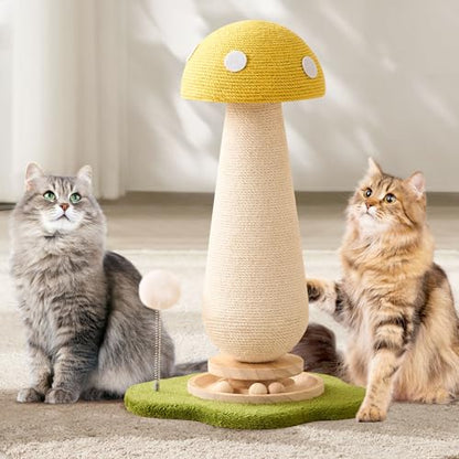 Mushroom Cat Scratching Post Cat Tree, 21.5‘’ H Cute Cat Scratcher Tower with Durable Solid Wood Turntable Toy, Lemon Yellow Mushroom Scratch Post Cat Sisal Scratcher with Catnip for Indoor Cats - color: Yellow Mushroom