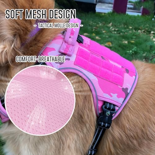 Tactical Dog Harness for Medium & Large Dogs, Camo Pink Adjustable No-Pull Control with Handle, Heavy Duty Reflective Vest - Size L - color: CAMO PINK, size: L