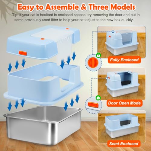 Vivifying Stainless Steel Litter Box with Lid, XL Side Entry Extra Large Litter Box for Big Cats & Kitty, Removable Enclosed Metal Cat Pan with High Sided Enclosure, Scoop, Mat, Footboard (Blue) - color: Blue