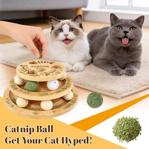 Cat Ball Track Toy with Puzzle Top, Interactive Cat Toys for Indoor Cats with Spinning Balls, Wooden Cat Ball Tower Toy for Kitten Kitty Exercise Mental Physical