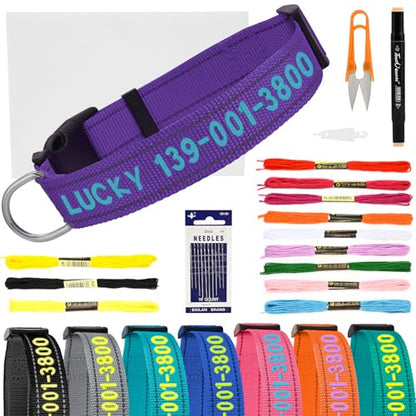 Personalized Embroidered Dog Collar - Custom Hand-Stitched Name & Number, Reflective Adjustable Pet Collar for Small/Medium/Large Dogs & Cats, Durable Nylon with Steel D-Ring (Purple, Large) - color: Purple, size: Large