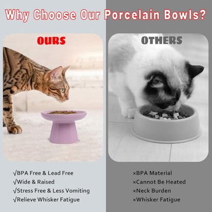 Wide Shallow 6.1" Raised Cat Bowls, Ceramic Elevated Food Plate for Flat Faced Cats and Small Dogs, Porcelain Feeder Bowl, Stress Free, Protect Cat’s Spine, Lavender - color: Lavender-Shallow
