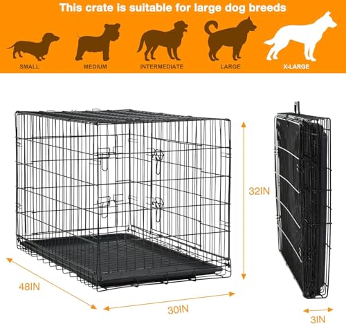 48 Inch Dog Crates for Large Dogs Folding Dog Cage Metal Wire Crates Portable Pet Kennels Outdoor and Indoor Pet Dog Cage Crate with Double-Door, Divider Panel, Removable Tray, Black