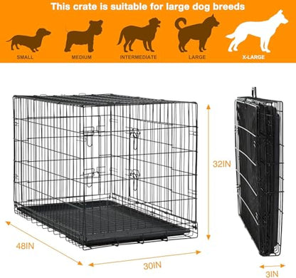 48 Inch Dog Crates for Large Dogs Folding Dog Cage Metal Wire Crates Portable Pet Kennels Outdoor and Indoor Pet Dog Cage Crate with Double-Door, Divider Panel, Removable Tray, Black
