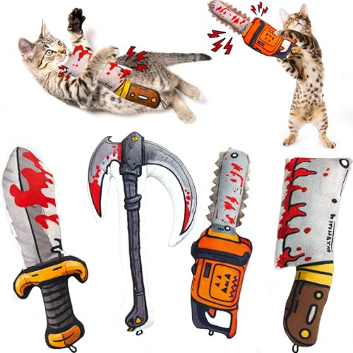Cat Toys [8000mg Premium Catnip] Cartoon Colorful Style Horror Funny Knife Catnip Cat Toys Durable Rattle Sound Toy for All Cat Breeds Indoor Interactive Kitten Toys Get Bored Cats Active 4 PCS