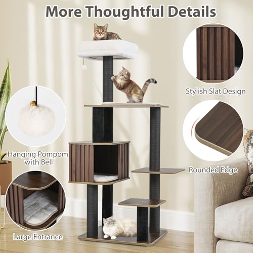 PETSITE 59.5 Inches Modern Cat Tree, Multi-Level Cat Tower with Scratching Posts, Large Condo with Removable Pad, Cushioned Soft Top Perch, and Interactive Dangling Ball (Brown) - color: Brown