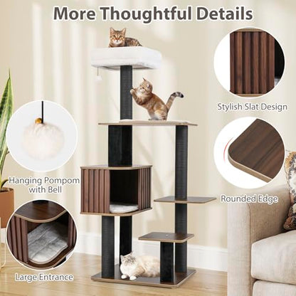 PETSITE 59.5 Inches Modern Cat Tree, Multi-Level Cat Tower with Scratching Posts, Large Condo with Removable Pad, Cushioned Soft Top Perch, and Interactive Dangling Ball (Brown) - color: Brown