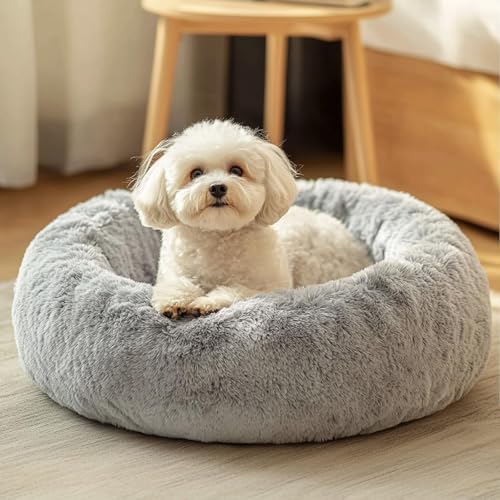 JOLLYVOGUE Small Dog Bed, Calming Soft Anti-Anxiety Donut Cat Bed, Washable Round Fluffy Cushion for Small and Medium Pets (20") - color: 01 - Light Grey, size: 20"