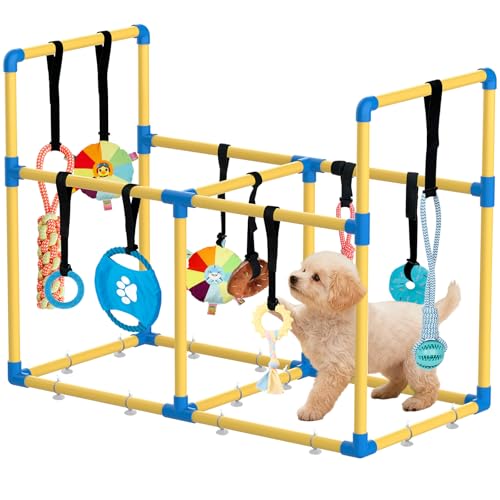 Puppy Play Gym Large & 10 Hanging Toys Indoor Play Gym Interactive Dog Toys for Boredom Enrichment Activity for Small Dog Teething PVC Frame Stretchy Rope with Velcro (Yellow,33.5 x 28.5 x 19.6 inch) - color: Yellow/10 toys/35.5 x 27.5 x 18.5"