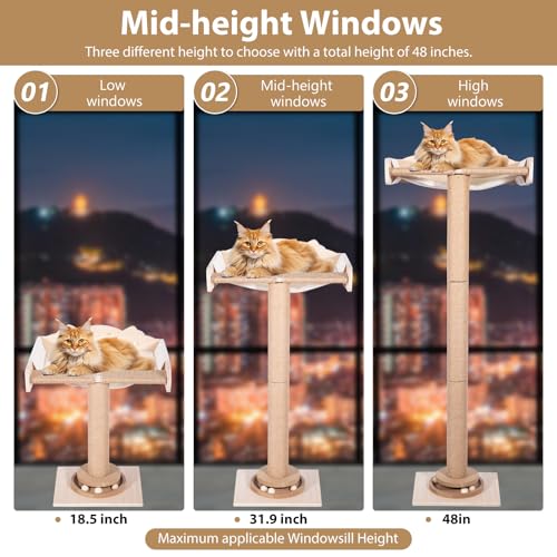 Fantasreen Cat Window Hammock 48" Adjustable Scratching Posts, Multi-Level Window Mounted Cat Tree with Natural Sisal and Track Toys for Large Cats, Climbing, Sunbathing & Bird Watching (Drill-Free)