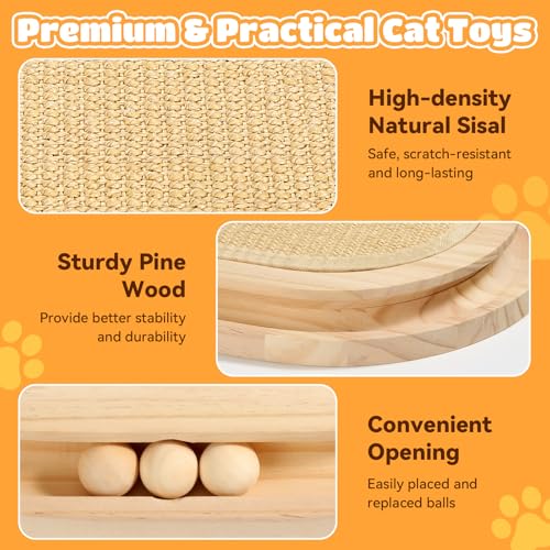 Cat Scratcher, Natural Sisal Scratching Pad, Kitten Interactive Toy with Ball Track & 3 Spring Plush Toys for Chasing Hunting Exercise, Round Wooden Cat Scratchers for Indoor