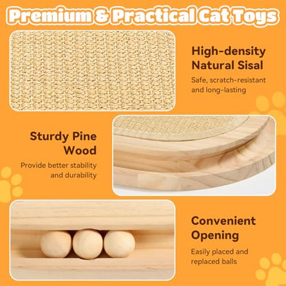 Cat Scratcher, Natural Sisal Scratching Pad, Kitten Interactive Toy with Ball Track & 3 Spring Plush Toys for Chasing Hunting Exercise, Round Wooden Cat Scratchers for Indoor