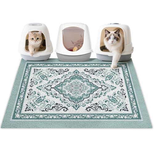 Cat Litter Mat 40" x 30" Non-Slip Litter Box Mat Washable Litter Catcher Mat for Litter Box Indoor Food Mat Supplies Essentials, Dark Cyan - color: Dark Cyan, size: 40X30in