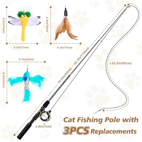 Pawaboo Cat Feather Toys, 4 Pack Interactive Cat feather Teaser Wand Toys, Retractable Fishing Pole Wand Catcher Exerciser with Refill Fish, Dragonfly Worm with Bells, Fun Cat Kitten Kitty Playing Toy - color: Bionic Brown Feather