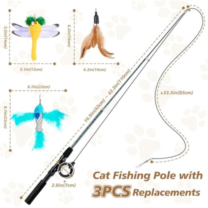 Pawaboo Cat Feather Toys, 4 Pack Interactive Cat feather Teaser Wand Toys, Retractable Fishing Pole Wand Catcher Exerciser with Refill Fish, Dragonfly Worm with Bells, Fun Cat Kitten Kitty Playing Toy - color: Bionic Brown Feather