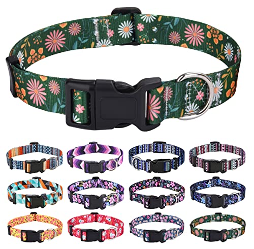 Dog Collar with Bohemia Floral Tribal Geometric Patterns - Soft Ethnic Style Collar Adjustable for Small Medium Large Dogs(Dark Green Flower,XS) - color: Dark Green Flower, size: XS (Neck 7.9-11.8", Width 5/8")