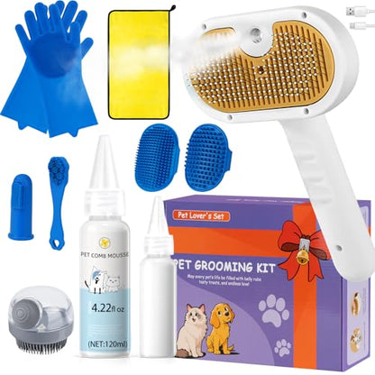 Pet Steam Brush for Dog & Cat – 3-in-1 Spray Hair Removal Comb for Shedding & Grooming, Softens Fur & Reduces Static – Water Brush for Long & Short Coats, Bath-Hating Pets, Includes Waterless Shampoo - size: 7.8″-180ML