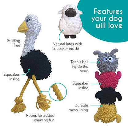 rocket & rex Dog Chew Toy Set for Small to Medium Breeds, Includes a Rope Toy, Rubber Squeaker and Plush Toys with Ball, Reduces Destructive Chewing & Anxiety (Pack of 3)