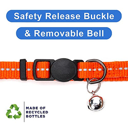Pawtitas Recycled Orange Reflective Cat Collar – Eco-Friendly Breakaway Safety Buckle, Adjustable Kitten & Adult Collar with Removable Bell and High-Visibility Strap - color: Recycled Orange