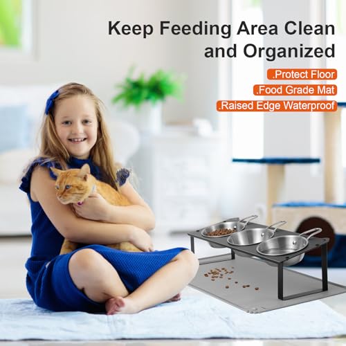 Elevated Cat Bowls with Food Mat, 10°Tilted Non-Slip Raised Cat Food Water Bowls Set, 3 Thick Stainless Steel Pets Dishes with Handles to Indoor Kitten Puppy, Anti-Vomiting Cute Metal Feeding Stand - color: Black-3Bowls-Handles