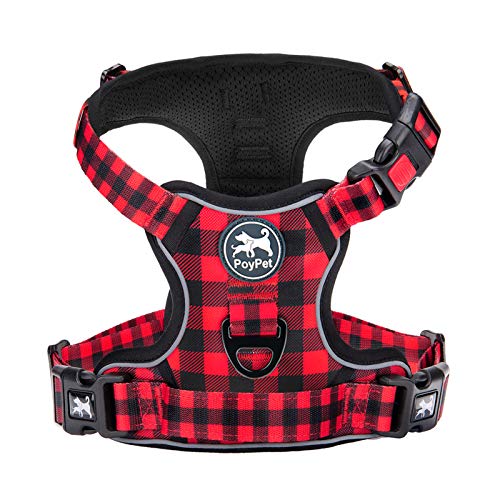 PoyPet No Pull Dog Harness, [Release at Neck] Reflective Adjustable No Choke Pet Vest with Front & Back 2 Leash Attachments, Soft Control Training Handle, Plaid(Checkered Red, XS) - color: Checkered Red, size: XS