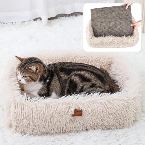Fluffy Cat Scratcher Lounge Box with Removable Cardboard,Cat Rectangular Bed with Corrugated Board, Pet Scratching Pad for Furniture Protection, Training Toy (Beige) - color: Beige