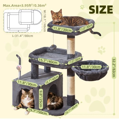 Taoqimiao MS043G Cat Tree, 32.2-Inch Cat Tower for Indoors Cats, Cat Condo with Large Cat Perch, Spacious Cat Cave, Scratching Posts for Small and Medium Cats, Smoky Gray - color: Smoky Gray