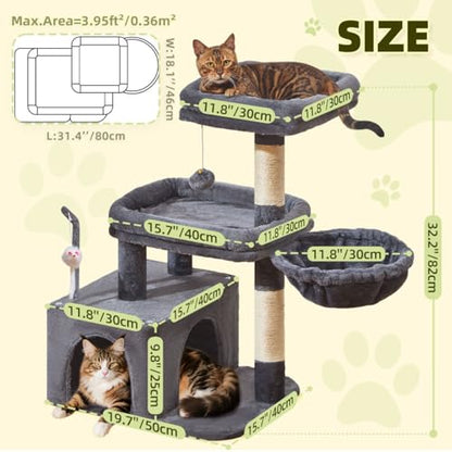 Taoqimiao MS043G Cat Tree, 32.2-Inch Cat Tower for Indoors Cats, Cat Condo with Large Cat Perch, Spacious Cat Cave, Scratching Posts for Small and Medium Cats, Smoky Gray - color: Smoky Gray