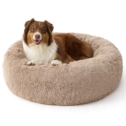 Bedsure SupportMax™ Calming Dog Beds Large Sized Dog - 36in Donut Washable Large Pet Bed,Anti-Slip ＆Removable Cover,420GSM Round Anti-Anxiety Fluffy Plush Faux Fur Bed, Fits up to 80 lbs Pets - color: Camel, size: L(36x36x8)