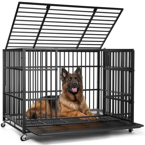 VOWNER 48 inch Heavy Duty Indestructible Dog Crate, Escape-Proof Dog Crate Cage Kennel with 4 Lockable Wheels, High Anxiety Dog Crate with Double Door and Removable Tray Design, for Large Dogs - size: 47.2"L x 29.5"W x 33.9"H