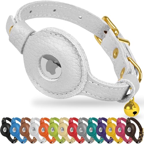 OOPSDOGGY Leather AirTag Cat Collar with Bell - Non Breakaway Kitten Collar with Apple Air Tag Holder - Lightweight GPS Pet Collars for Girl Boy Cats, Small Dogs, Puppies (White) - color: White