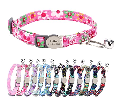 Personalized Breakaway Cat Collar with Bell - Name and Phone Number Engraved for Boys and Girls Kitten (Floral) - color: Floral