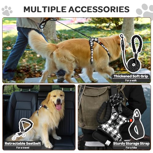 Plaid Dog Harness for Small Dogs, Reflective No Pull Adjustable Pet Vest with Front Clip, Leash, Easy Control Handle and Seat Belt, Beige&White, S - color: Black & White, size: Small