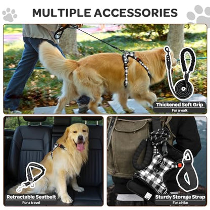 Plaid Dog Harness for Large Dogs, Reflective No Pull Adjustable Pet Vest with Front Clip, Leash, Easy Control Handle and Seat Belt, Beige&White, XL - color: Black & White, size: X-Large
