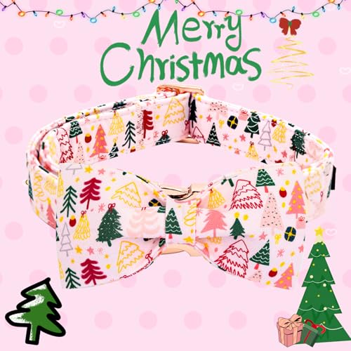 Elegant little tail Christmas Dog Collar, Christmas Tree Pet Collars Bow Pink Metal Buckle Collar Puppy Girl Boy Holiday Cotton Soft Bowtie Adjustable Dog Collar for X-Small Dogs - color: Pink Christmas Tree, size: X-Small (Pack of 1)