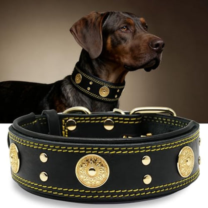 Leather Dog Collar, 2 inches Wide Heavy Duty Genuine Leather Collars, Handmade, Soft, and Luxury, Eye-catching Best Choice for Large and Medium Breed Dogs, Black-Gold 15-19 in - color: Black-Gold, size: 15-19 in